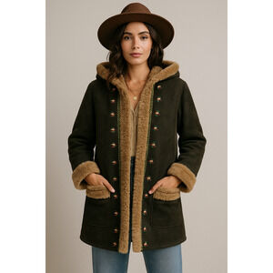 Vintage Shearling Hooded Coat Embroidered Tulips 70s Boho Suede Sherpa Jacket L
